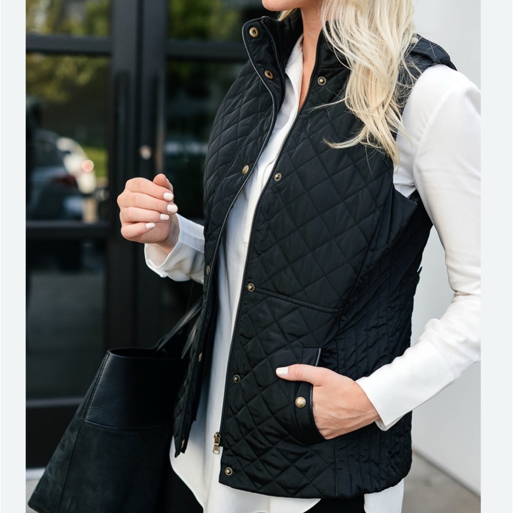 Lauren Ralph Lauren -Women's faux leather trim Black Quilted Vest full zip up PS
